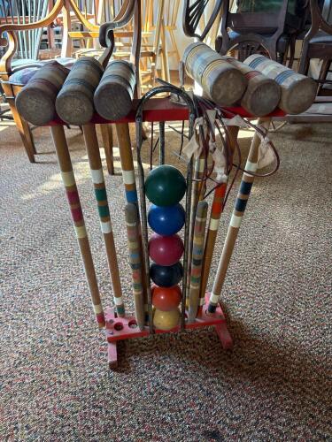 Vintage Wooden Croquet Set with Mallets and Balls