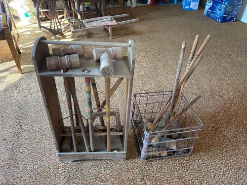 Vintage Wooden Croquet Sets With Mallets, Balls, And Wickets