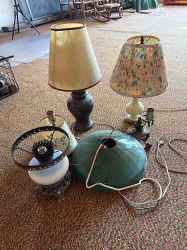 Vintage Table Lamps and Green Hanging Lamp Assortment