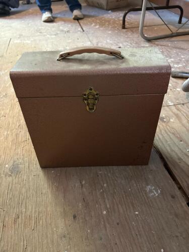 Vintage Vinyl Records With Brown Metal Carry Case