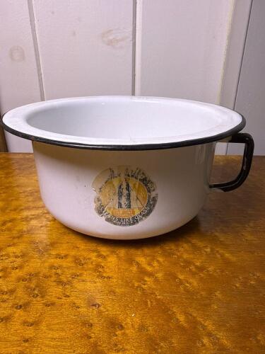 Vintage Enamelware Chamber Pot with Partial Label