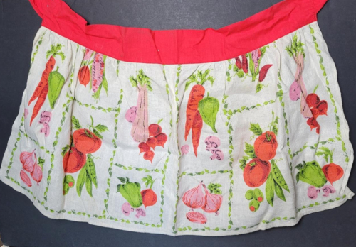 Vegetable Print Cotton Half Apron with Red Waistband