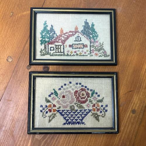 Pair of 7.5" x 5.25" Framed Beaded Pictures Dated 1934