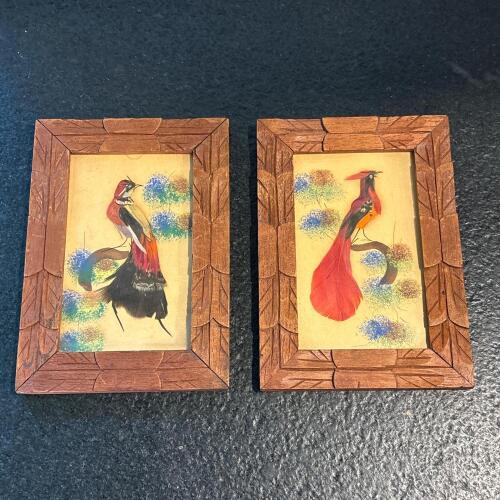 Pair of 5" x 6.75" Feather Bird Pictures with Hand-Carved Frames