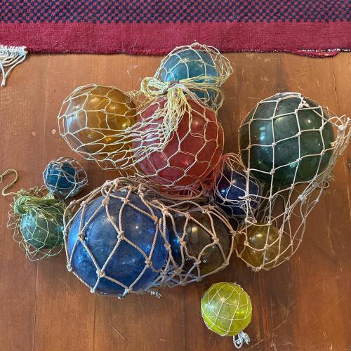 Vintage Blown Glass Fishing Floats in Netting