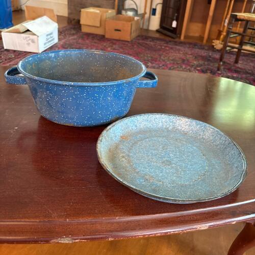 Blue Speckled Enamelware Bowl and Plate