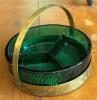 Green Glass Divided Dish With Brass Toned Trim