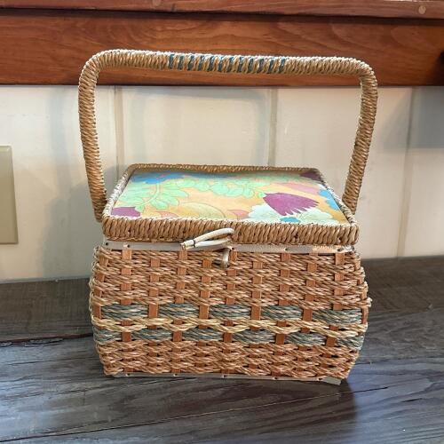 Woven Sewing Basket With Floral Fabric Lid and Handle
