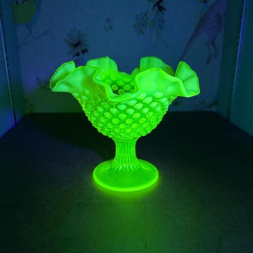 Fenton Vaseline Glass Hobnail Compote