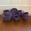 Purple Fiesta Ware Cups and Saucers &ndash; 6 Cups, 8 Saucers