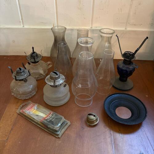 Assorted Vintage Oil Lamp Parts, Glass Chimneys and Burners