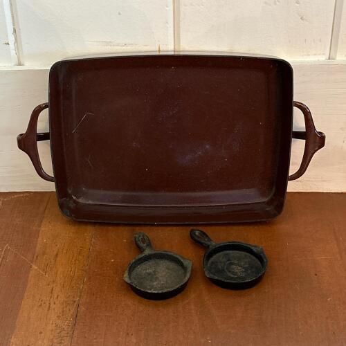 Dansk Brown Enamel Cast Iron Baker with Pair Magnus Crafts Mini Skillets