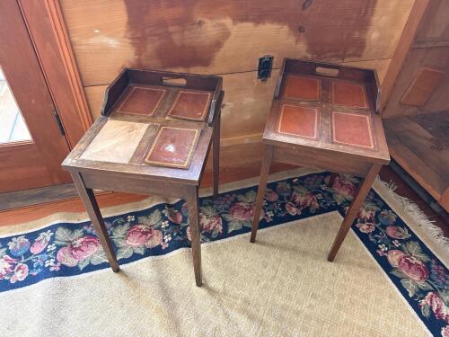 Pair of Leather-Top Mahogany End Tables with Tray Backs