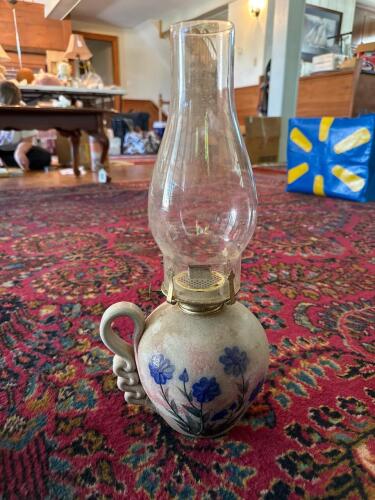 Stoneware Oil Lamp With Hand Painted Floral Decoration
