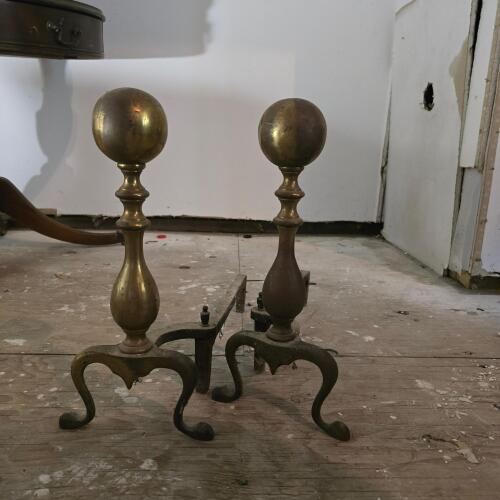 Pair of Brass Ball-And-Spire Andirons, Queen Anne-Style