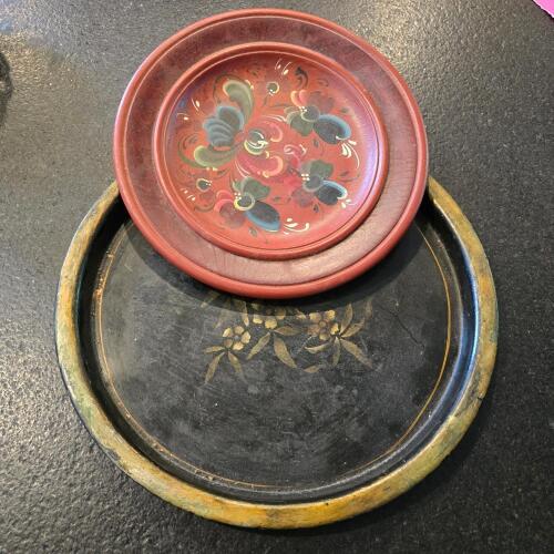 Decorative Wooden Plate and Painted Tray, Folk Art Style