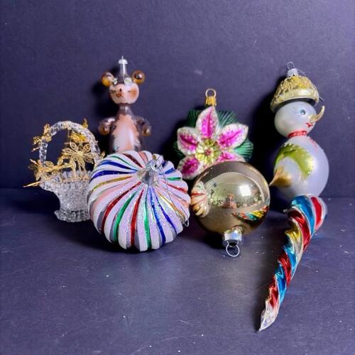 Six Vintage Glass Christmas Ornaments, Assorted Shapes and Designs