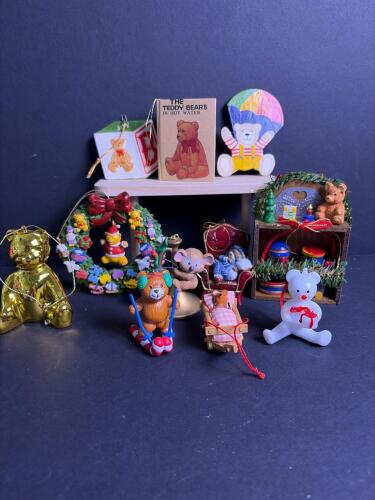 Assorted Teddy Bear Christmas Ornaments and Miniature Book