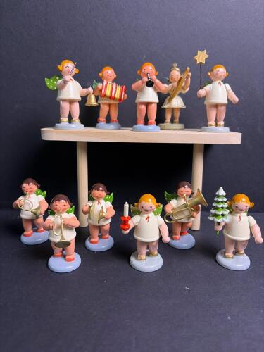 Erzgebirge Expertic Painted Wooden Angel Figurines, DDR