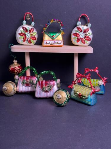 Adorable Handbag-Shaped and Finial-Form Glass Christmas Ornaments Lot