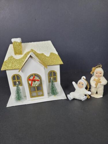Glittered Holiday House with Two Angel Ornaments