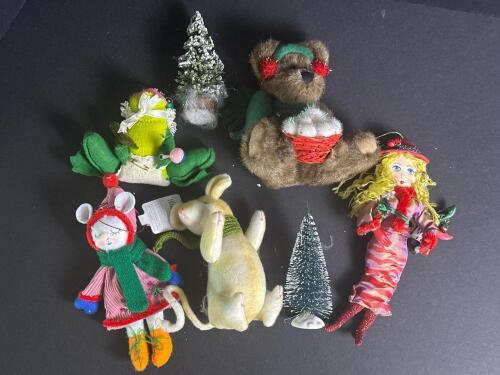 Assorted Plush Christmas Ornaments, Boyds Bear, Mouse, Frog, Doll