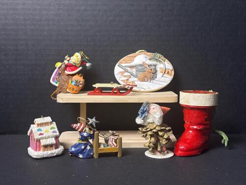 Assorted Christmas Ornaments Including Hallmark and Pinecone Santa