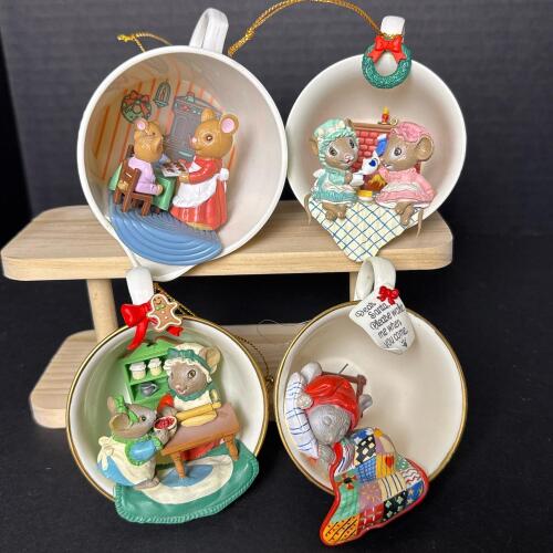 Vintage Christmas Teacup Mouse Ornaments
