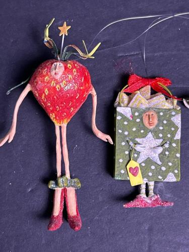 Whimsical Face Ornaments, Strawberry and Present Figurines