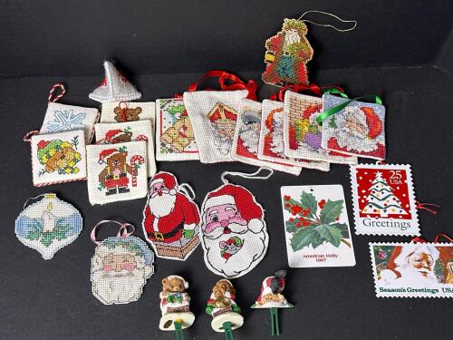 Assorted Christmas Cross-Stitch and Plastic Ornaments