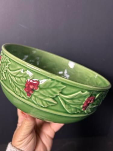 Bordallo Pinheiro Green Ceramic Bowl with Raised Berry Motif