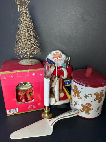 Assorted Holiday Decor: Musical Snowglobe, Gingerbread Jar, Tree, Santa Figure, Lenox Server