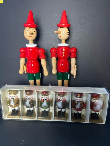 Wooden Pinocchio Figures and Small Nutcrackers