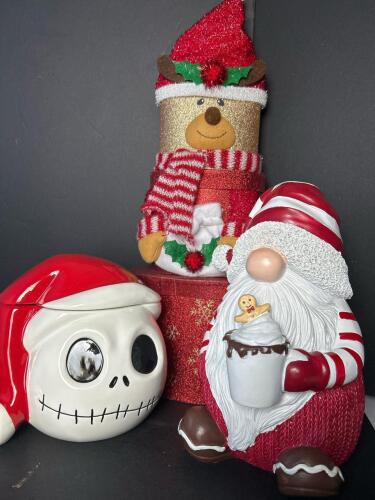 Christmas Cookie Jar, Santa Gnome Figurine, and Decorative Reindeer Boxes