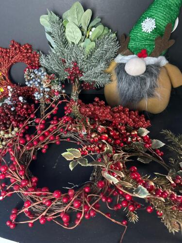 Christmas Wreaths, Berry Sprays, and Plush Gnome Decoration