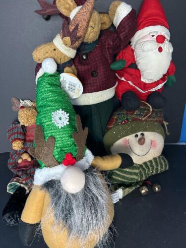 Plush Christmas Figures Including Santa, Snowman, Moose, and Gnome