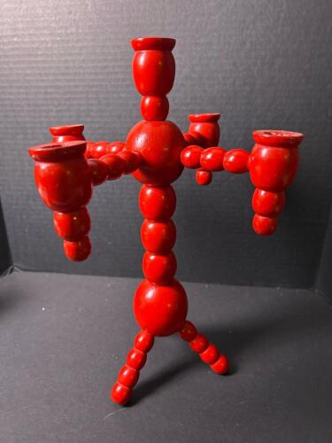 Vintage Swedish Red Painted Wood Four-Arm Candleholder Circa 1966, Purchased in Denmark
