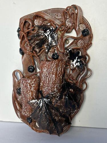 Ceramic Art Nouveau-Style Wall Pocket With Leaf and Vine Relief