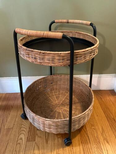 Wicker and Metal Two-Tier Bar Cart with Casters