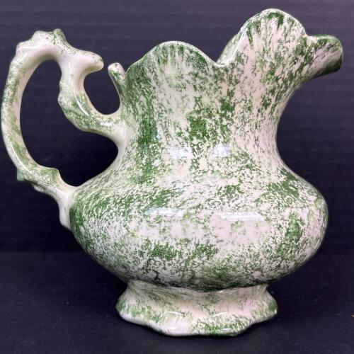 Green Spongeware Pottery Pitcher With Scalloped Rim