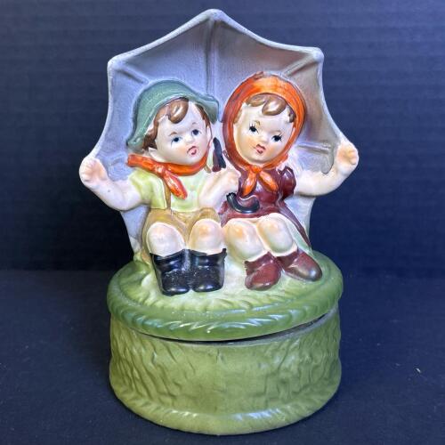 Ceramic Music Box with Children Under Umbrella