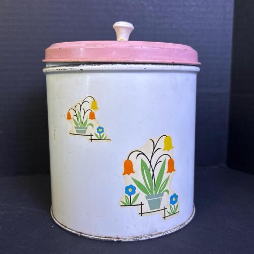 Vintage Tin Canister With Pink Lid and Floral Motif