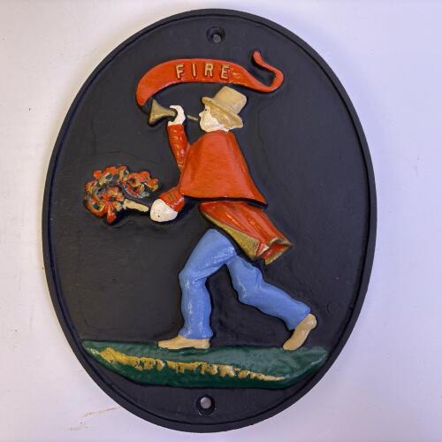 Cast Metal Fireman Plaque with Painted Relief