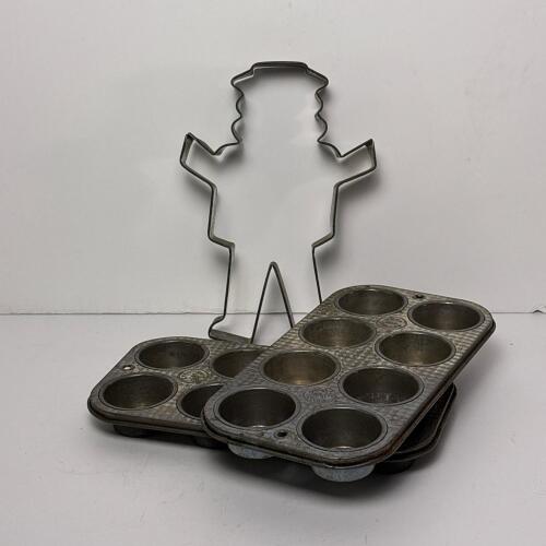 Pair of Vintage Ekco Muffin Pans and Large Metal Cookie Cutter