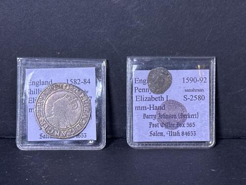 Elizabeth I English Shilling and Penny Coins, Circa 1582&ndash;1592