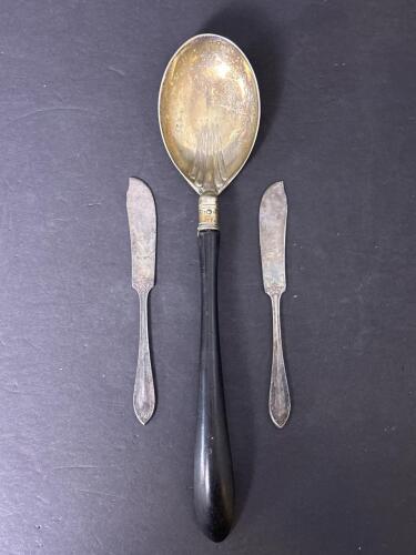 Serving Spoon with Black Handle and Pair of Silverplate Butter Knives