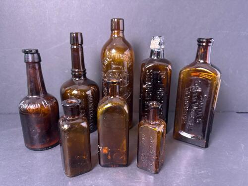 Antique Brown Glass Medicine and Beverage Bottles Collection