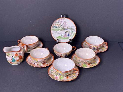 Japanese Porcelain Tea Cups, Saucers and Creamer, Geisha-Style