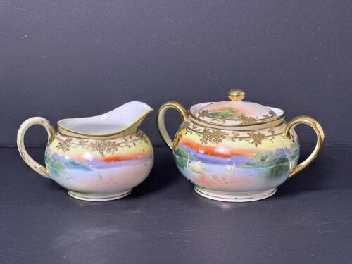 Hand Painted Nippon Creamer and Sugar Bowl Set Art Nouveau-Style