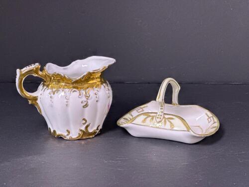 Nippon Hand Painted Porcelain Creamer and Handled Dish Set